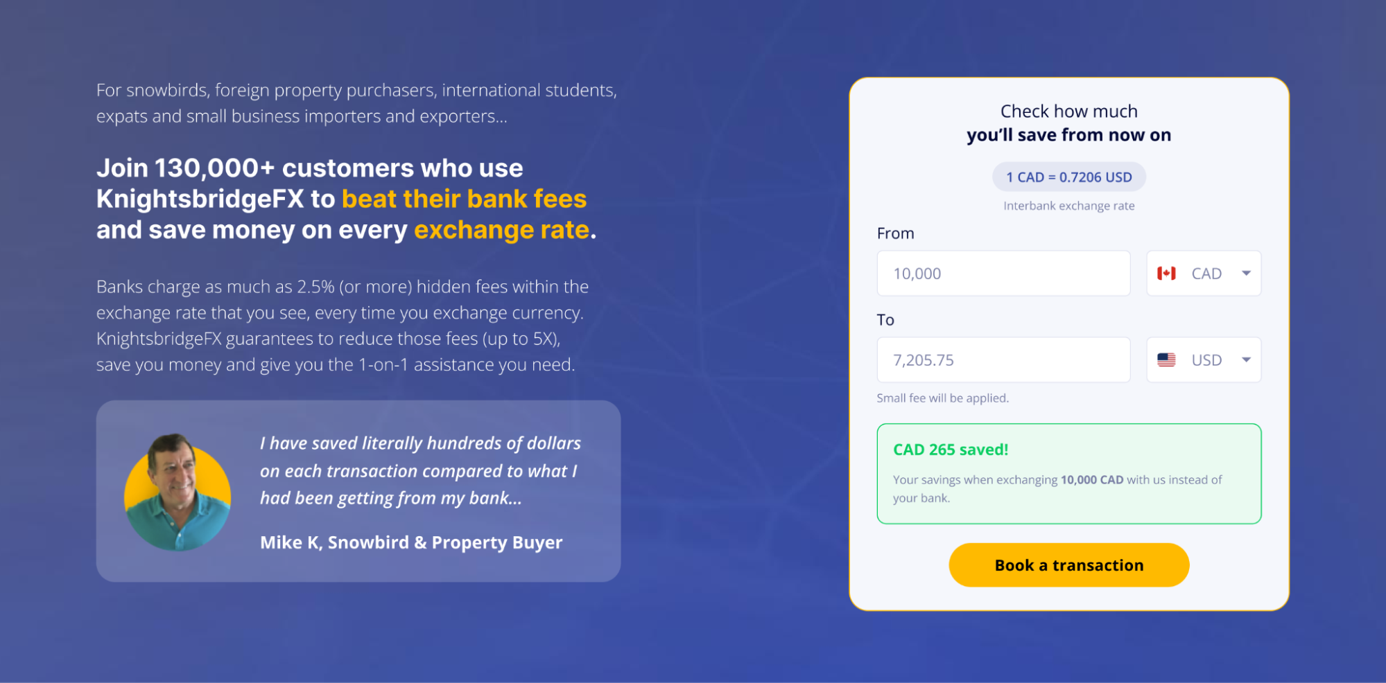KnightsbridgeFX homepage banner showing savings on exchange rates, and a customer testimonial.