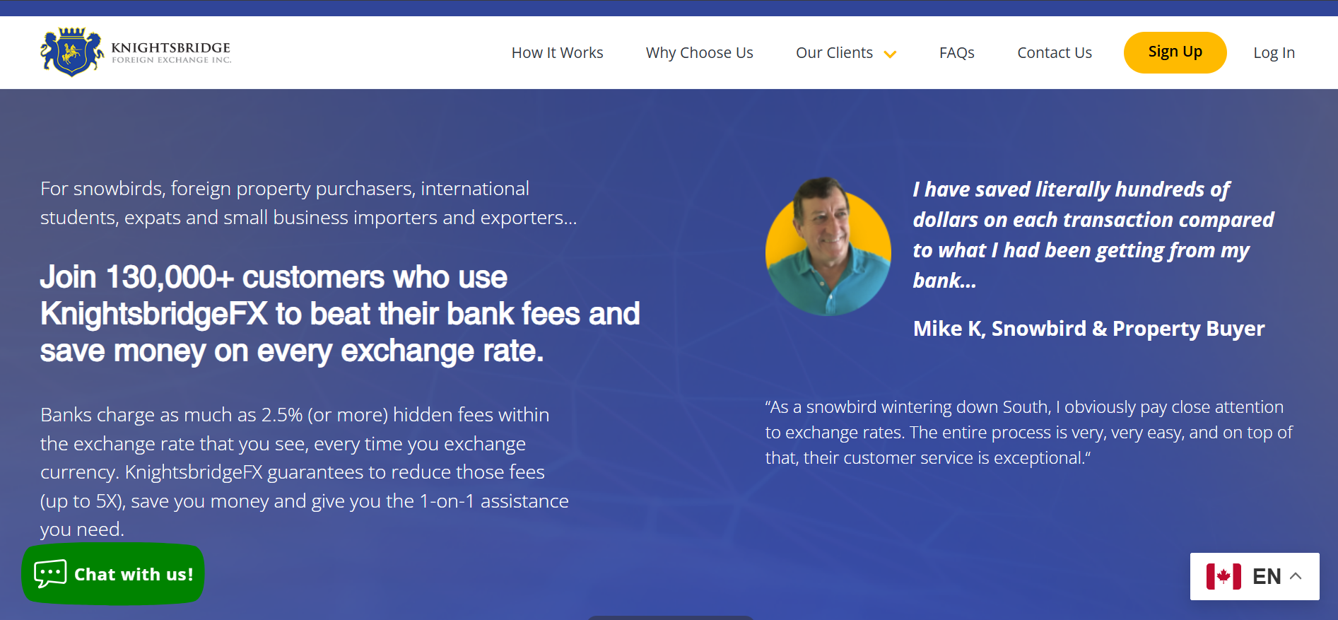 KnightsbridgeFX homepage highlighting savings on exchange rates and a testimonial from a snowbird and property buyer