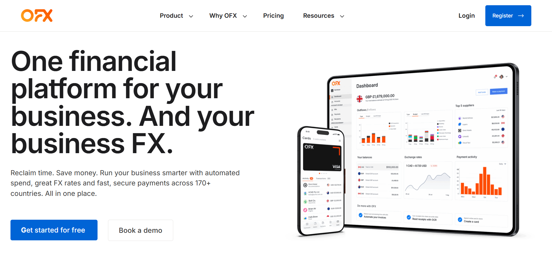OFX business platform showing dashboard on tablet and phone, highlighting automated payments, FX rates, and spend tracking (Source: OFX’s homepage)