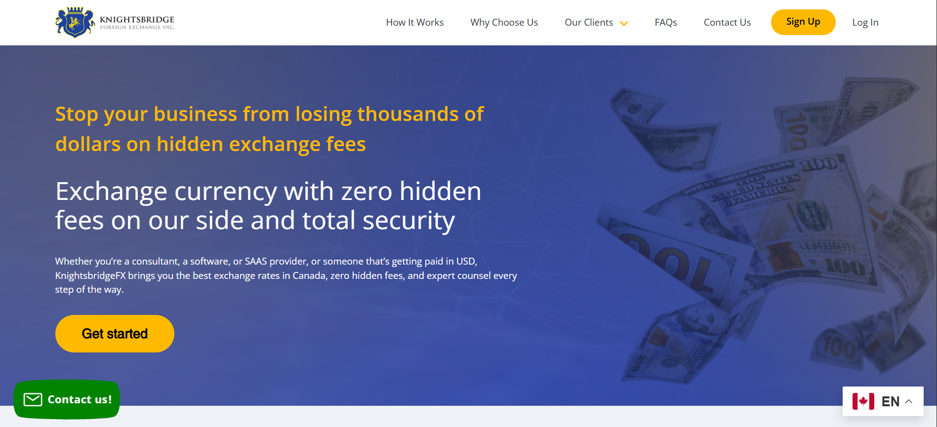 KnightsbridgeFX homepage promoting zero hidden FX fees for businesses, and USD currency exchange savings.