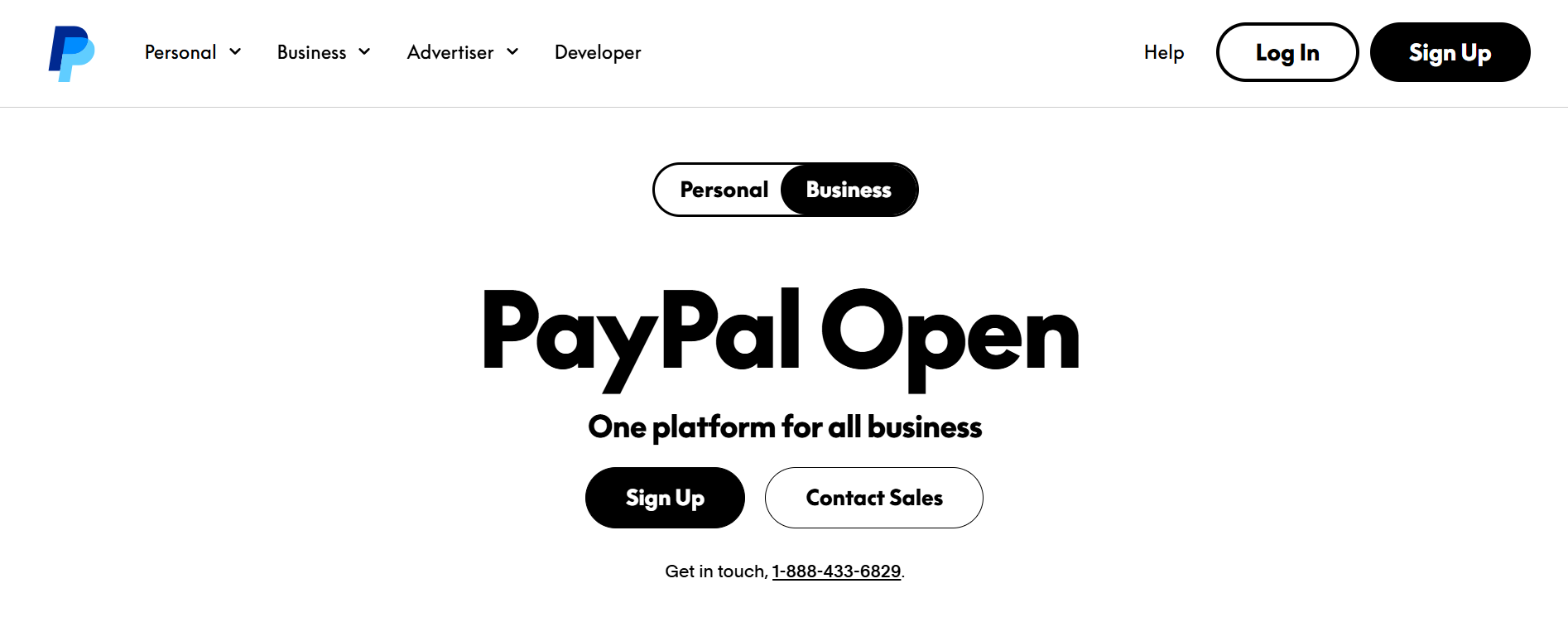 PayPal Open business platform homepage showing signup options, and a call to action for unified payments platform (Source: PayPal’s homepage)